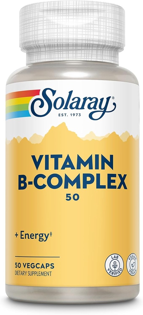SOLARAY Vitamin B Complex 50 mg - Vitamini celične energije - Presnovna in živčna zdravstvena podpora z vitaminom B12, vitamin B1, B6, niacin, folna kislina, biotin in drugi vitamini B - Vegan, 50 VegCaps