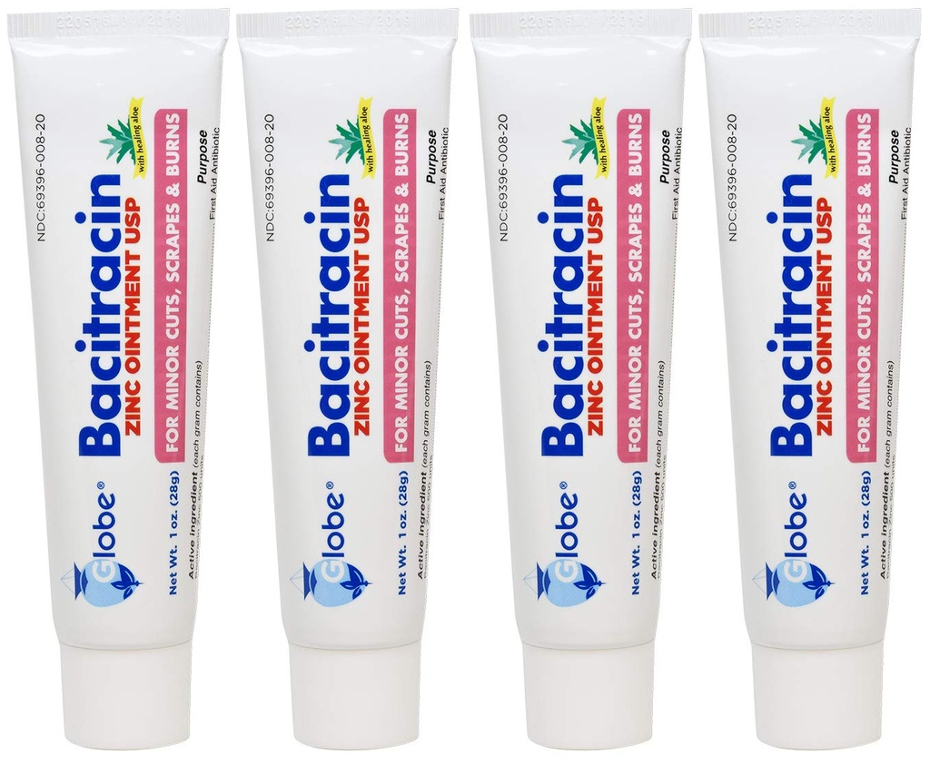 (4 paket) Globe Bacitracin Cinkovo mazilo + Aloe 1oz, Antibiotično mazilo, Essential Antibiotic Prva pomoč Dobava, Zdravilno delovanje, Največja antibiotična moč, Preprečevanje okužbe v kose, ostanki, opekline