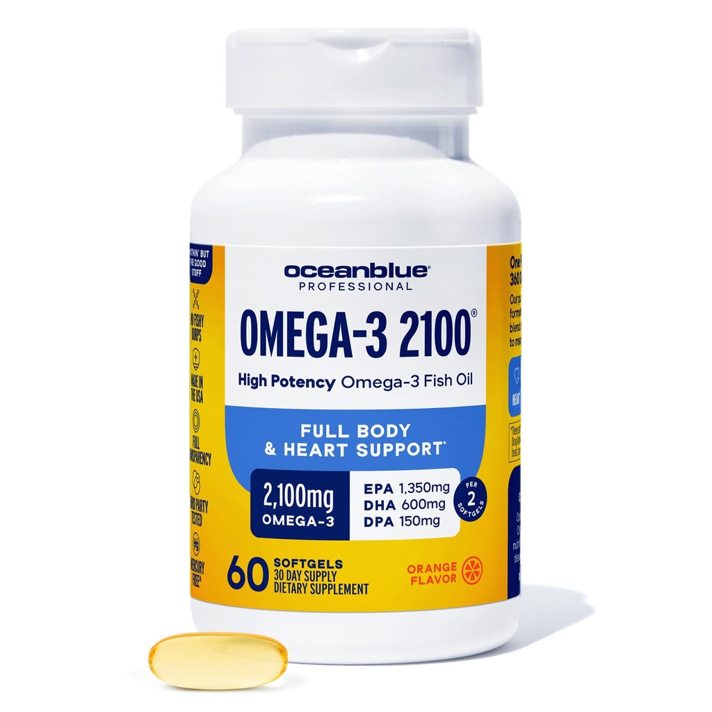 Oceanblue Professional Omega-3 2100mg ribje olje dodatek Trojna moč, Visoka moč EPA, DHA & DPA Burpless, Wild-Caught, Natural Orange Flavor 60 Softgels (Pack iz 1)