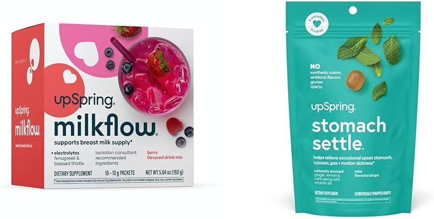 UpSpring Milkflow Elektrolitsko dojenje Dopolnilo Drink Zmešamo s Fenugreek Stomach Settle Kapljice za občasno slabost Relief / Upset Stomach z ingver, Lemon, Spearmint, in B6.