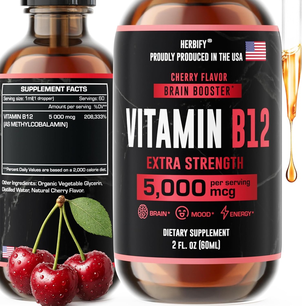 HERBIFY Vitamin B12 Metilirani multivitaminski energijski dodatki za ženske in moške - tekoči B12 Vitamini 5000 Mcg Metilkobalamin - energijska podpora in imuno zdravje Tekoči vitamin 2 Oz