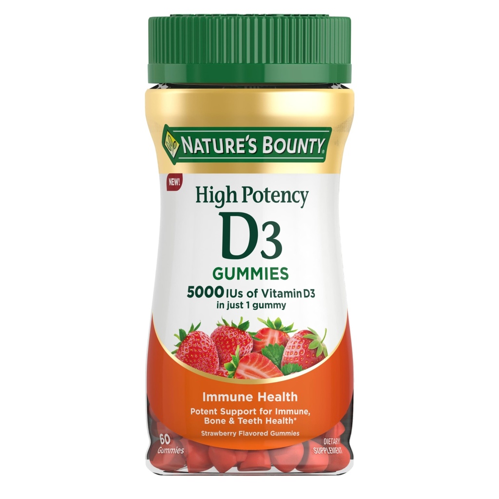 Naravni Bounty Vitamin D 5000 i.e., Vitamin D3 Visoka moč Imunska podpora in Bone Health Supplement, 5000 i.e. v 1 Gummy, Jagodna aroma, 2 meseca dobave, 60 Vegetarian Gummies za odrasle