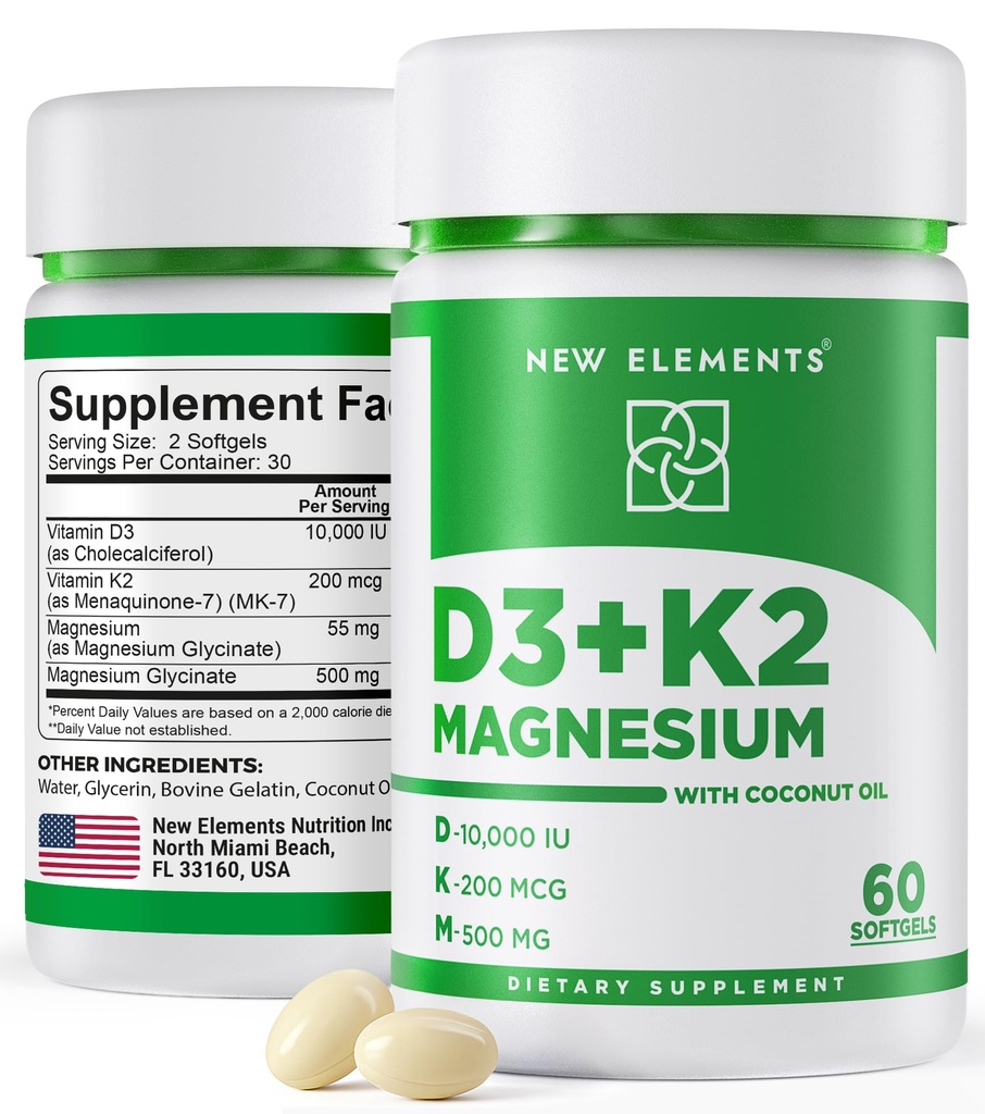 Novi elementi Vitamin D3 K2 10.000 i.e. z magnezijevim glicinatom 500mg - zdravje kosti, imunska podpora, energija in razpoloženje - ne-GMO, brez glutena, brez sladkorja Mehčalci za ženske in moške (60 kapsul)