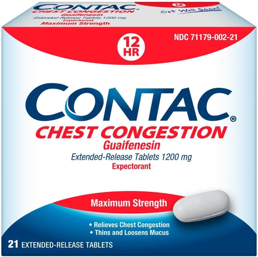 Contac Chest Congestion, Največja moč Pričakovani nadzor kašelj in Thins in Loosens sluz, Razširjene sprosti tablete, Guaifensin 1200 mg, Razširjene sprosti tablete, 21 Število
