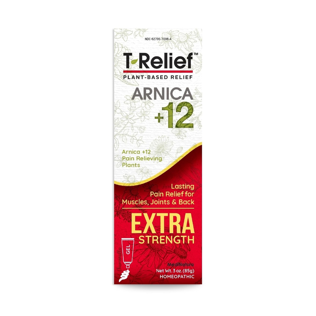 MediNatura T-Relief Extra Strength Gel Arnica +12 Naravno lajšanje aktivnosti za bolečine v hrbtu Skupna bolečina Mišične bolečine & Stifness Celo telo hitro deluje Relief za ženske in moške - 3 oz
