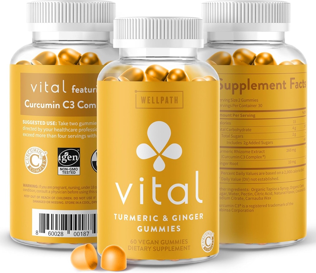 WellPath Vital Turmeric Gummies + Ginger - Skupna podpora Curcumin dodatek, Kurkumin C3 Complex, Okusna alternativa kapsulam, Kurkuma & ingver koren, Tropical Flavor Chews, Vegan, 60 Ct
