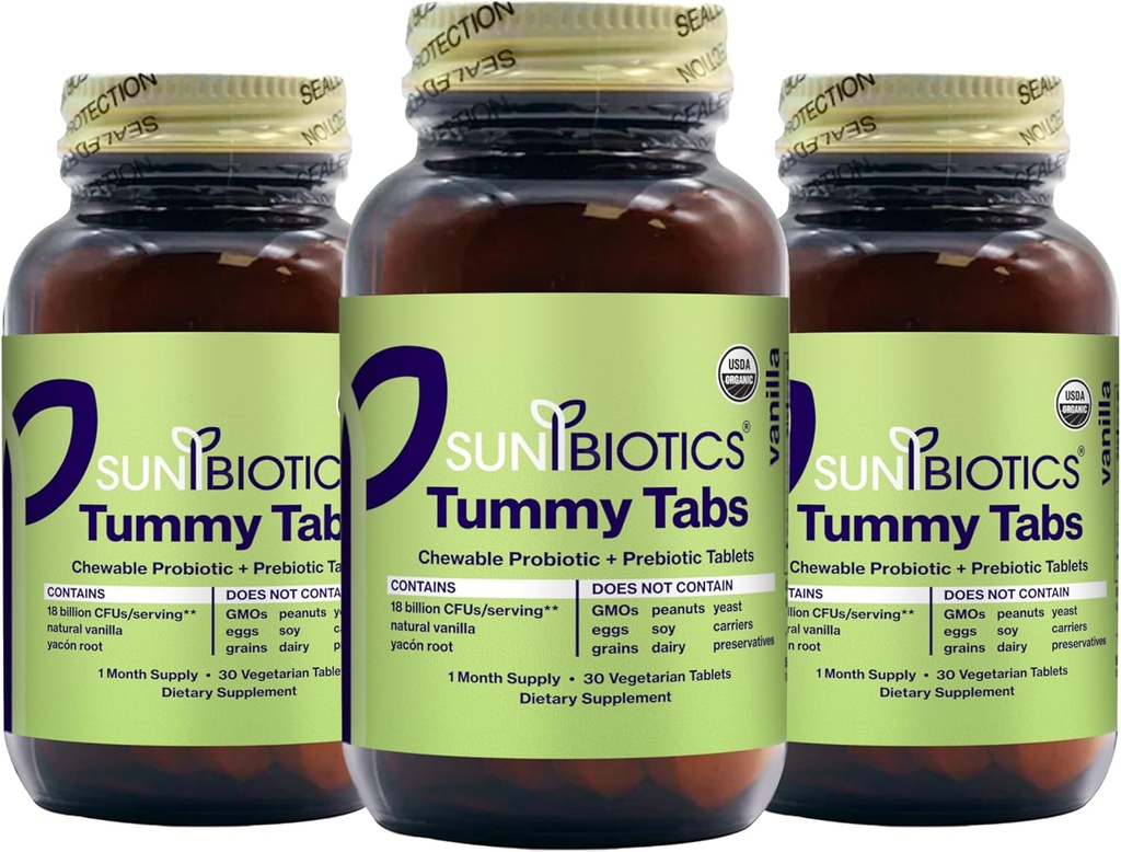 SUNBIOTICS Tummy Tabs - žvečljive probiotične in prebiotične tablete z 18 milijardami CFU-jev 4 probiotskih sevi za dobro gut Floro, imunski sistem, & uravnotežen mikrobiom - Vanilla, (Pack of 3)