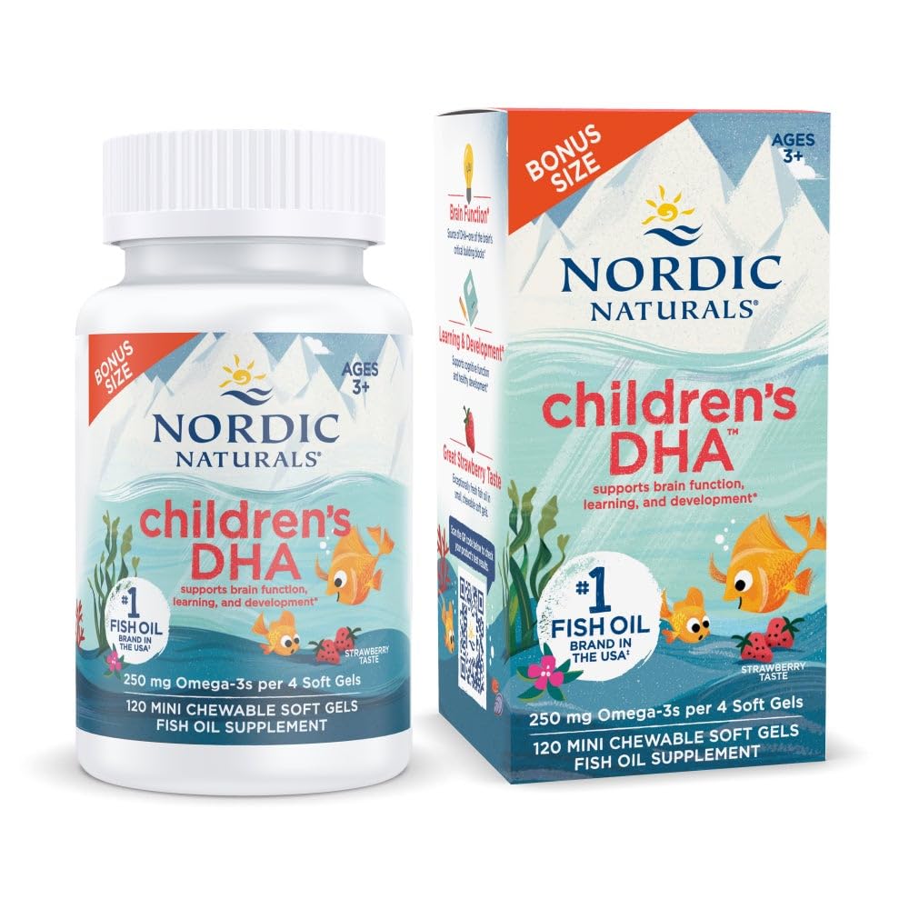 Nordic Naturals Children's DHA, Jagoda - 120 Mini žvečljivi mehki geli za otroke - 250 mg Omega-3 z EPA & DHA - Razvoj možganov in funkcija - Non-GMO - 30 Servings