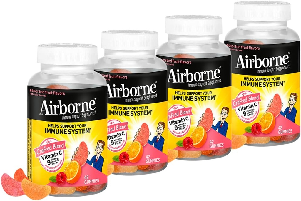 Airborne 750mg Vitamin C Imunska podpora dopolnilo Gumiji za odrasle, Razlikovan sadne arome, Gluten prosta mešanica z močnimi antioksidanti Vitamini A C & E, 42 Gummies (4 pakiranje)