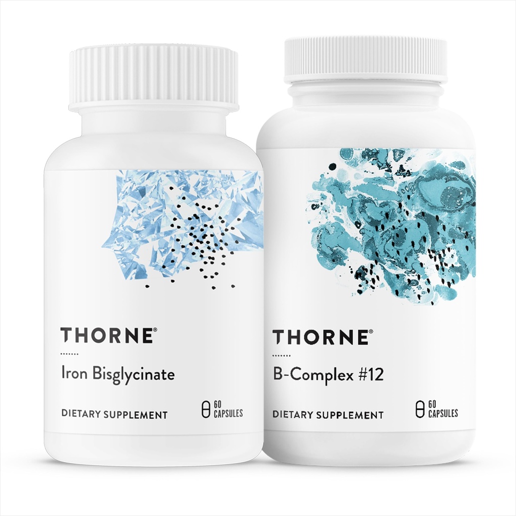 THORNE - Nutrient Essentials Duo - Iron Bisglicinat & B-kompleks #12 za energetsko podporo in izgradnjo krvi - 60 strežnic