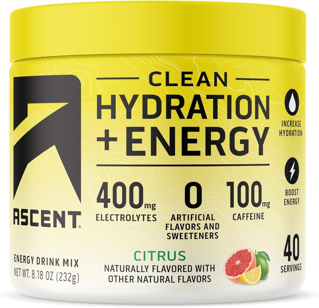 Ascent Clean Hydration + Energija Elektroliti v prahu - 100mg kofein, 400mg Elektroliti, brez umetnih sestavin, Citrus 40 Servis