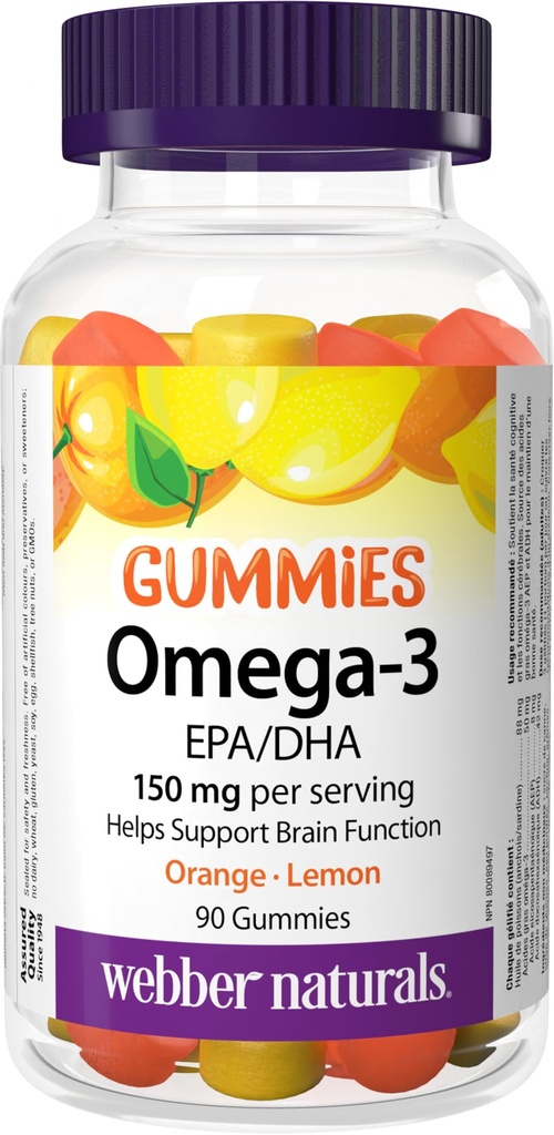 Webber Naturals Omega-3 Gumies 50 mg EPA/DHA · EPA/DHA, Orange · Cherry · Lemon, 90 Gummies