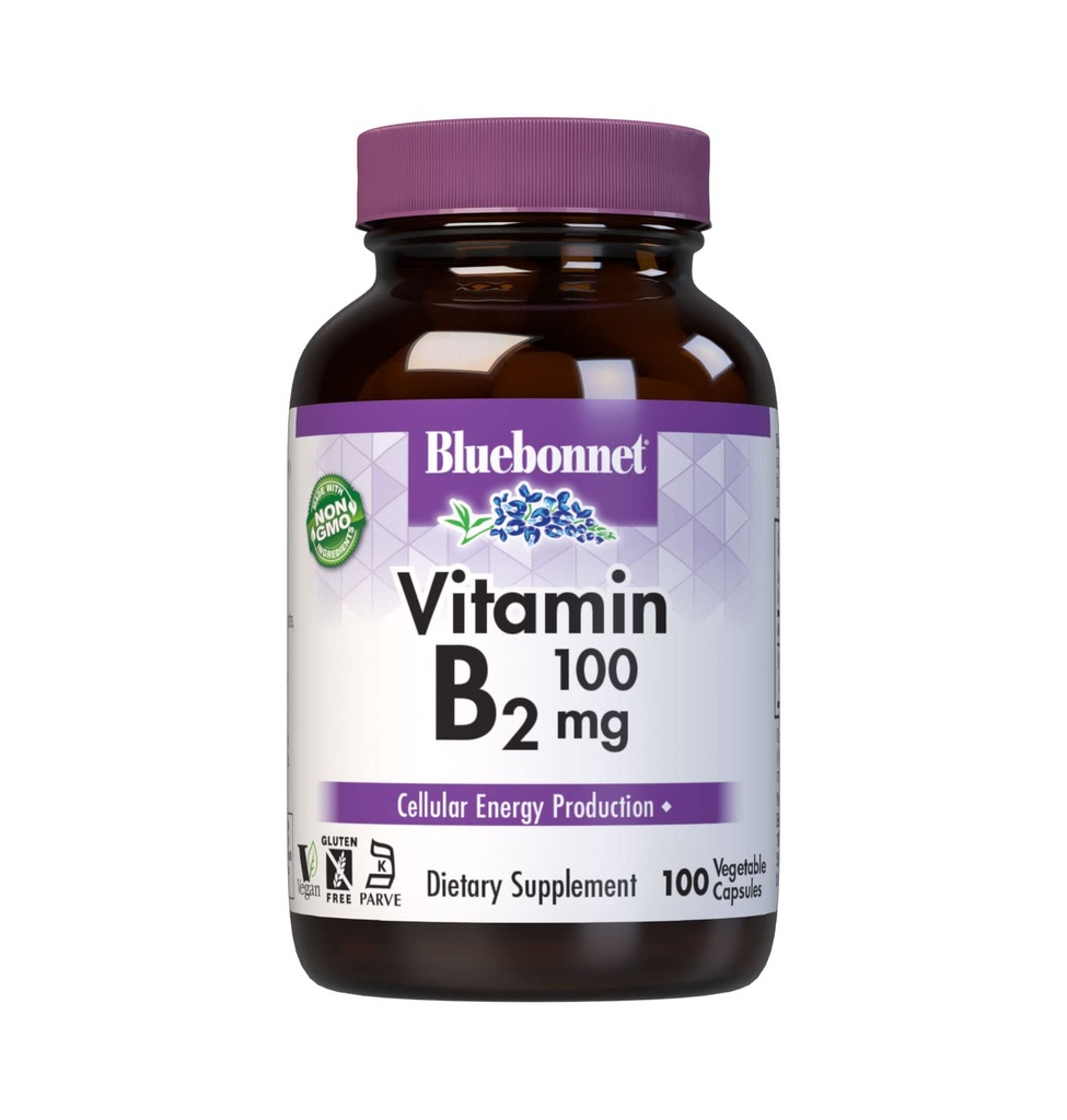 Bluebonnet Nutrition Vitamin B2 100 mg, Za kardiovaskularno in živčevje zdravje, brez soje, Gluten-free, Kosher Certified, Dairy-free, Vegan, Ne-GMO, 100 Zelenjavne kapsule, 100 Serving