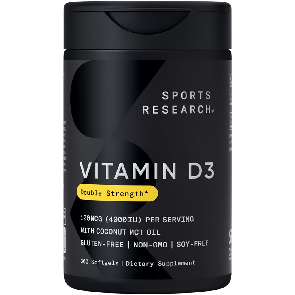 Sports Research® Vitamin D3 4000 IU with Coconut MCT Oil - Double Strength Vitamin D Supplement - Gluten Free · Non-GMO · Soy Free - 360 Count Softgels