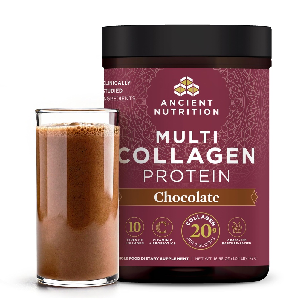 Ancient Nutrition Hydrolyzed Kolagen Peptides Powder z probiotiki, Čokolada Multi Collagen Beljakovine za ženske in moške z vitaminom C, 40 Servings, Podpira kožo in nohte, Gut Health, 16.65oz