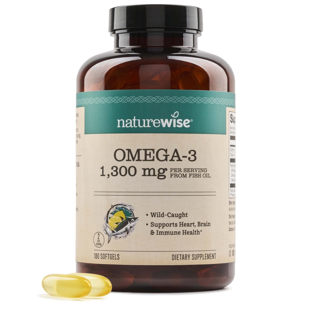 NatureWise Ultra Omega 3 Ribje olje 2200 mg - Trigliceridni obrazec - limonina aroma - ribje olje z divjim ulovom + EPA & DHA - podpira zdravje možganov in srca - Burpless, Non-GMO - 180 Softgels[3-mesečna zaloga]