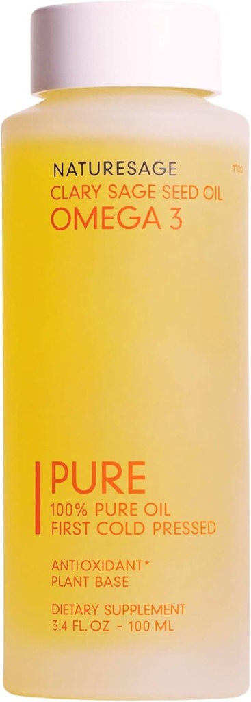 Pure Vegan Liquid Omega 3 Olje, rastlinsko-bazna alternativa Omega 3 ribje olje, 3,4 fl. oz. – Hladno stisnjeno iz Clary Sage Seme – Kosher - Omega 3 Maščobne kisline dodatek z antioksidanti