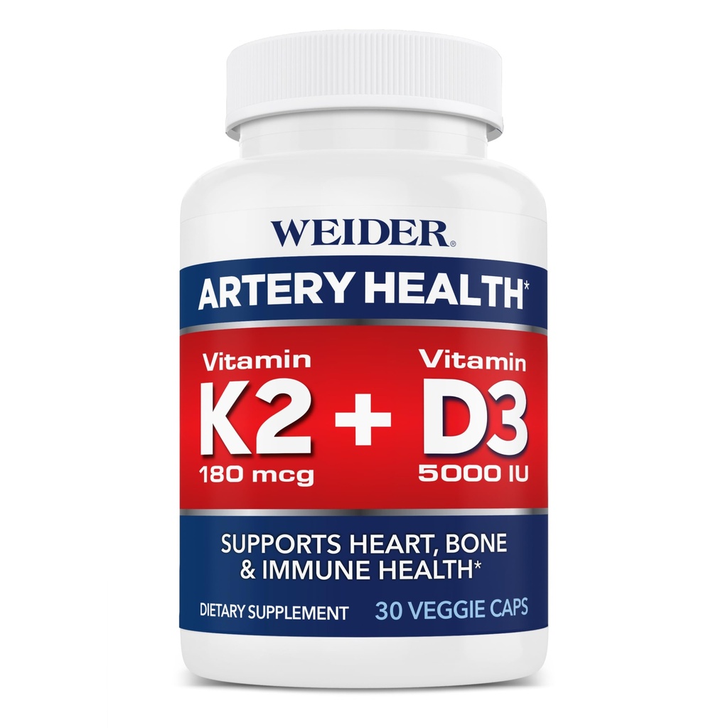 Weider Artery Zdravje srca, imunske in kosti podpora z vitaminom K2 (180mcg) in vitaminom D3 (5000iu), 30 Veggie kapsule