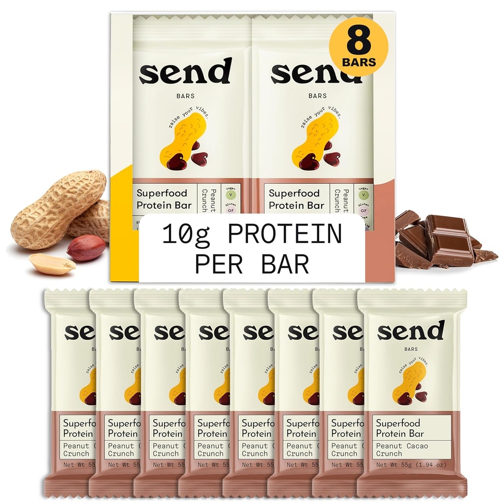 Pošlji čokoladice na osnovi veganskih zdravih beljakovinskih čokoladic, z zelenimi (Crunch peanut Cacao, 8 barov) – samo prave sestavine, nič dodanega sladkorja, Gluten-free, Dairy-free