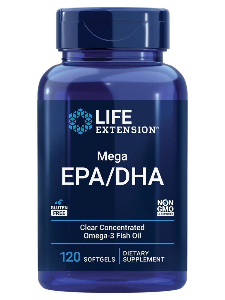Life Extension Mega EPA/DHA, Omega-3 Maščobne kisline, Heart & Brain Health, Non-GMO, Gluten-free, 120 kapsul