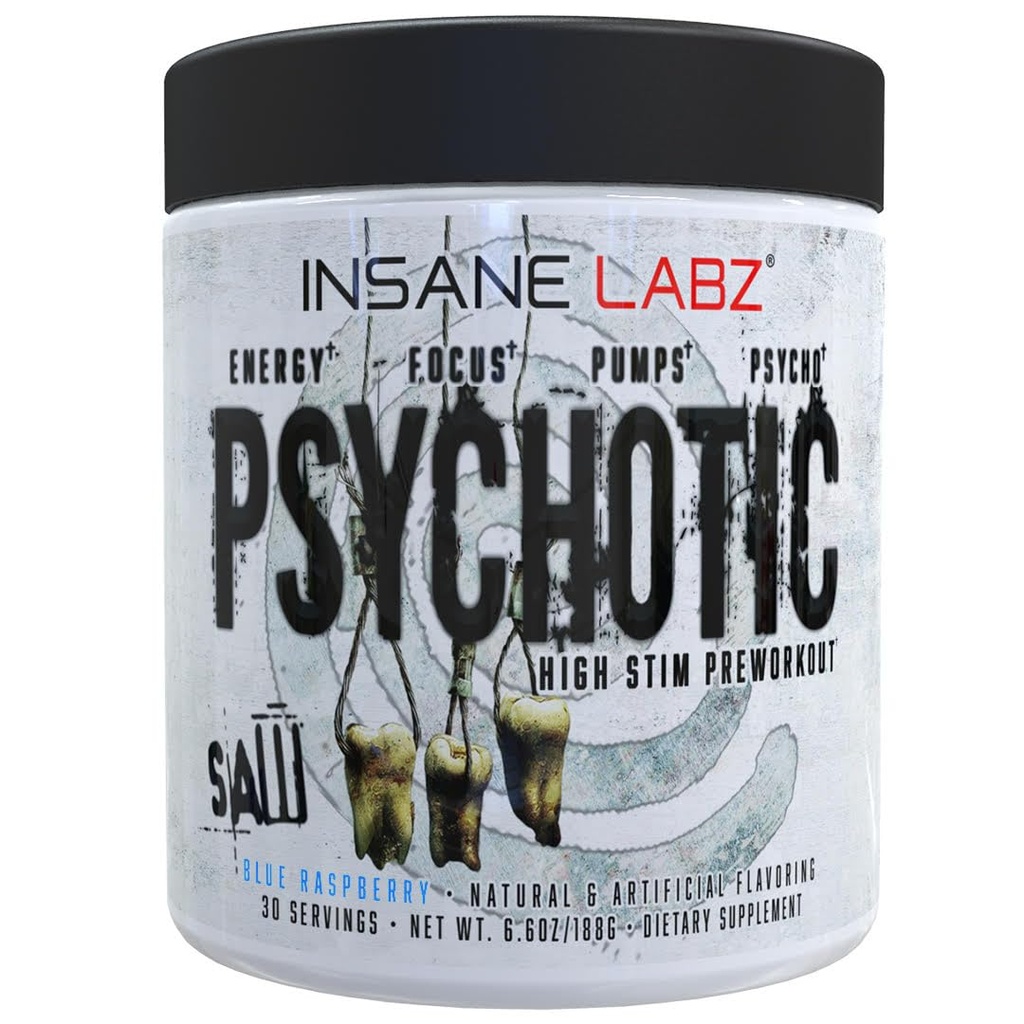 Insane Labz Psychotic SAW, High Stim Pre Workout Powder z OxyGold-TM in AMPiberry®,Extreme Trajna energija s Teacrine®,Focus s CognitIQ® in vzdržljivost (30 Serving (Pack of 1), Blue Raspberry)