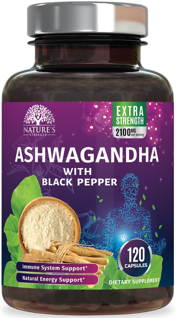 Ashwagandha dodatki 2100mg - ekstra moč Ashwagandha prašek & koren ekstrakt s črno papriko za Max Absorpcija, zeliščni antioksidanti dopolnila za ženske & moške, Vegan, Non-GMO - 120 kapsul