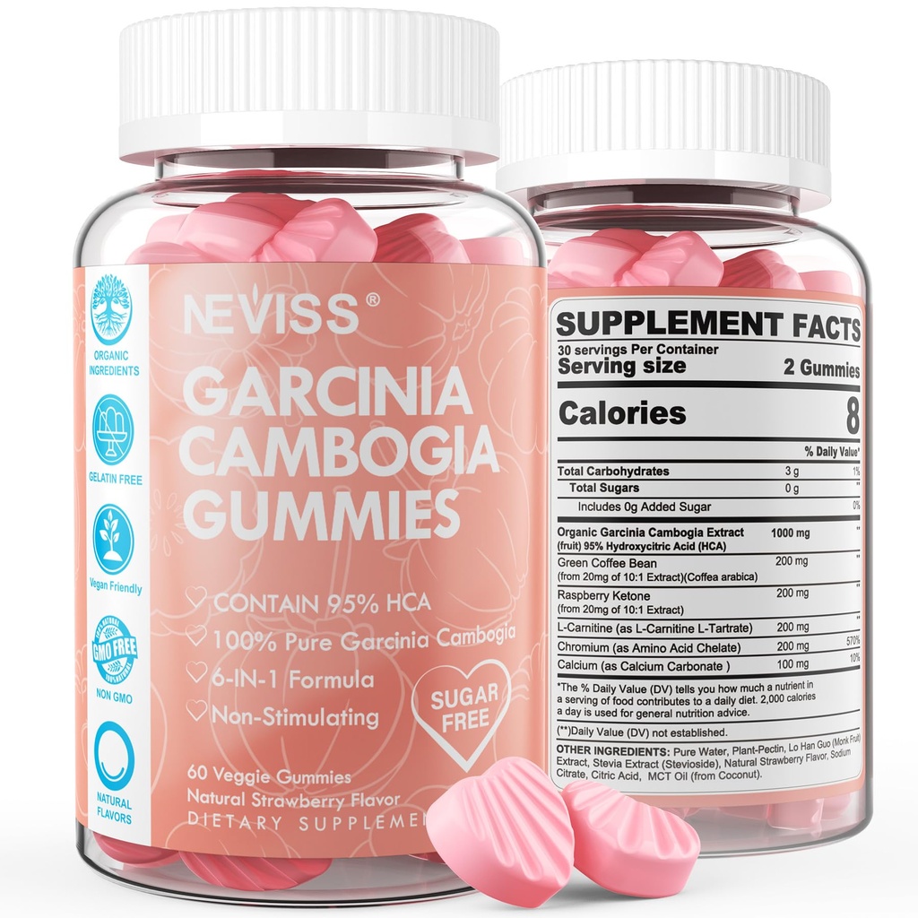 Brez sladkorja Garcinia Cambogia Gummies 1000mg 95% HCA Čisti ekstrakt z L-karnitin, malina Ketone, Krom, Zelena kava Fižol za presnovo, 100% Organski ekstrakt, Vegan, Jagodna aroma 60 Cts