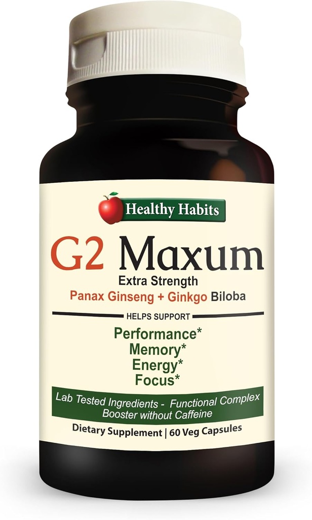 Zdrave navade G2 Maxum Extra Jakost Panax Ginseng Plus Ginkgo Biloba Sklop za podporo energije in kognitivne funkcije 60 Veg kapsule na steklenico