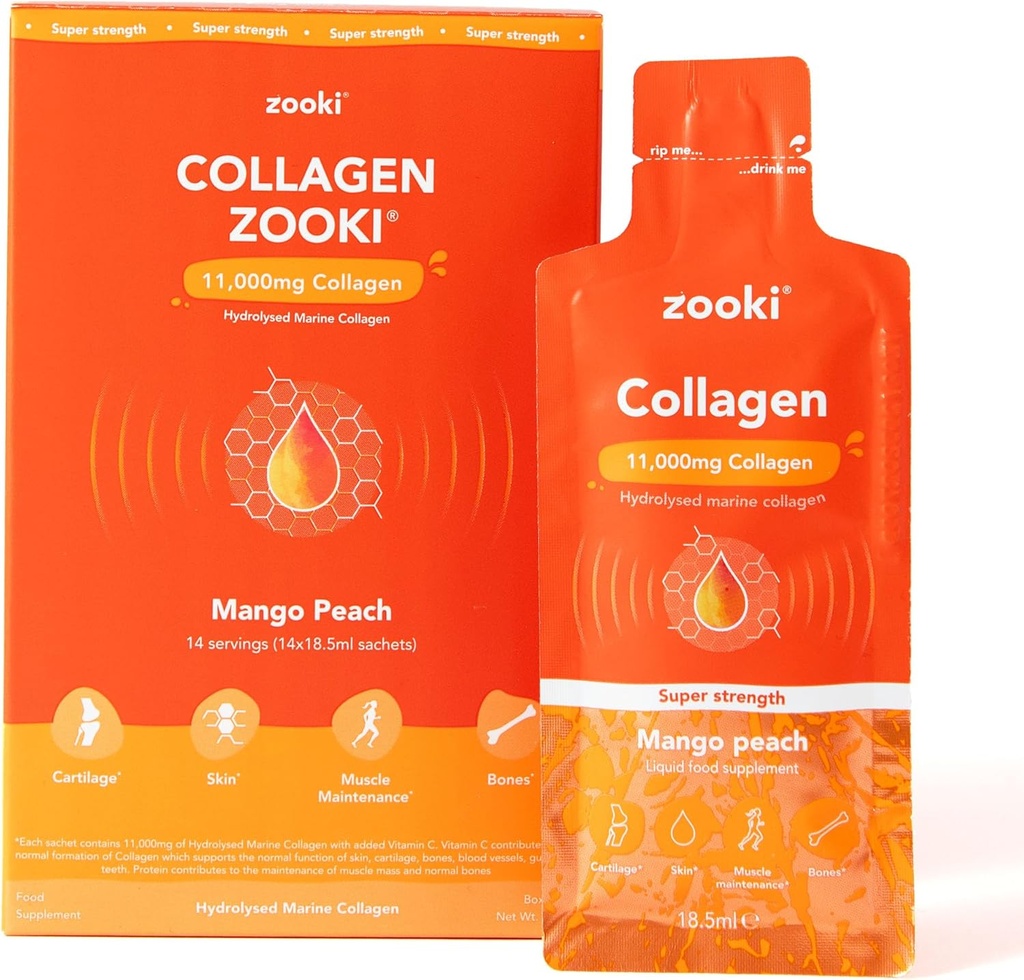 Zooki Super moč Marine Kolagen Liquid Sachets 11.000mg – Great Okus, Sugar Free – Najvišja moč Marine kolagen dopolnila za ženske & moške – koža, sklepov in las (Mango Peach, 14 Servings)