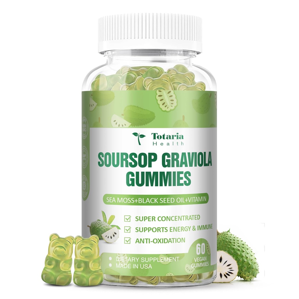 Totaria Sugar Free Soursop Oil Graviola Sea Moss Gumies - Podpora Prebavne Sleep Skin Zdravje, Immuniteta & Antioksidant - Guanabana Sadje z Sea Moss, 150mg Črno Seme Oil Organic Non-GMO Vegan