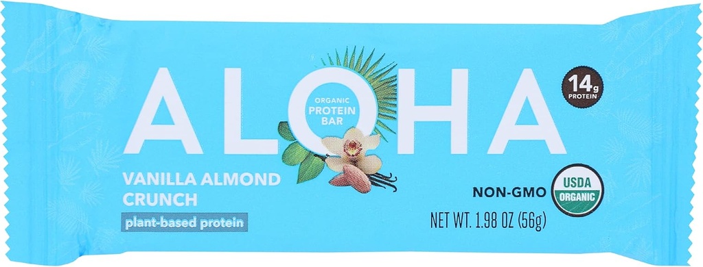 Aloha Organic Vanilla Almond Crunch Protein Bars, 14g Rastlinske bazične beljakovine, USDA Certified Organic, Gluten Free & Non-GMO, 1.9 Oz (Pack of 12)