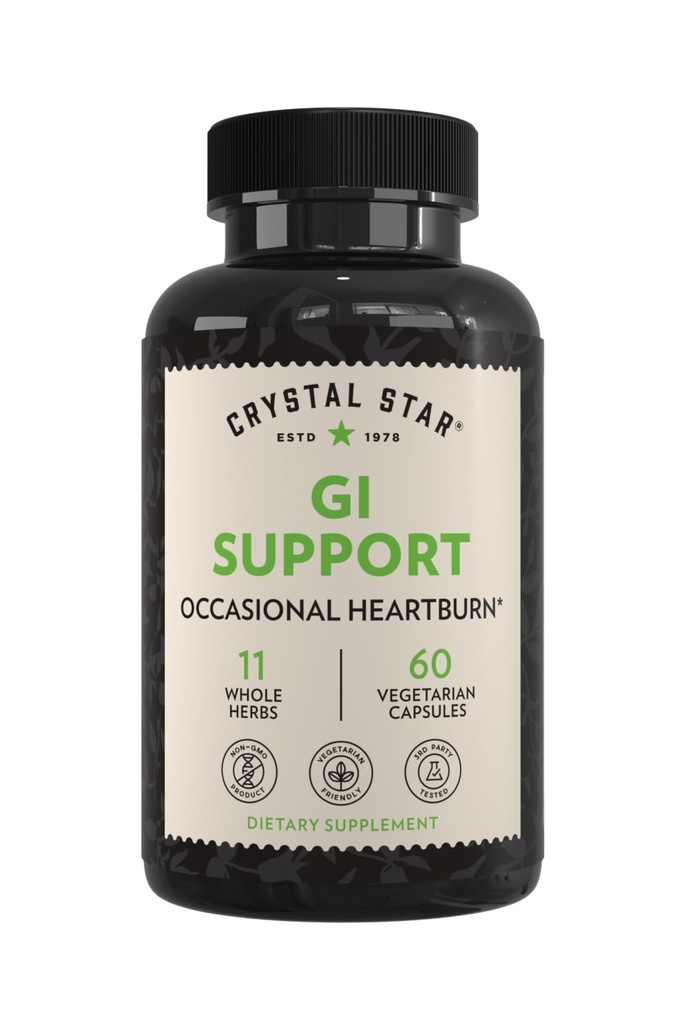 Crystal Star GI Supplement (60 kapsul) – Zeliščni Gut Health Supplement To pomirja občasno zgago in podpira kisline Reflux – Ginger, Slippery Elm Bark & Betaine HCL – Non-GMO