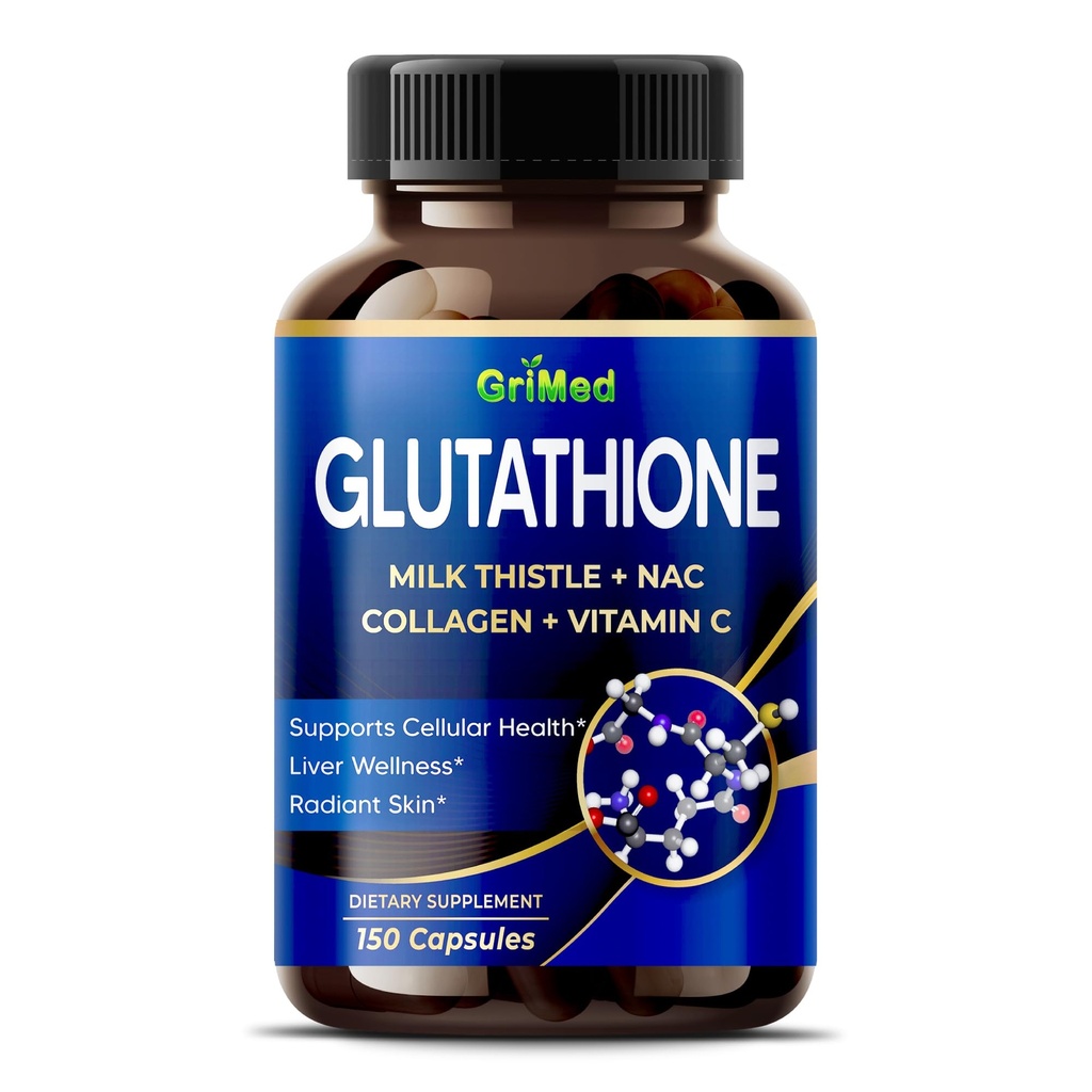 Grimed Glutatione 11,200mg - X10 Moč z mlečnim osatlom, NAC, kolagen, vitamin C - celična Wellness, Radiant Skin - ZDA Made & Tested (150 Pack of 1)