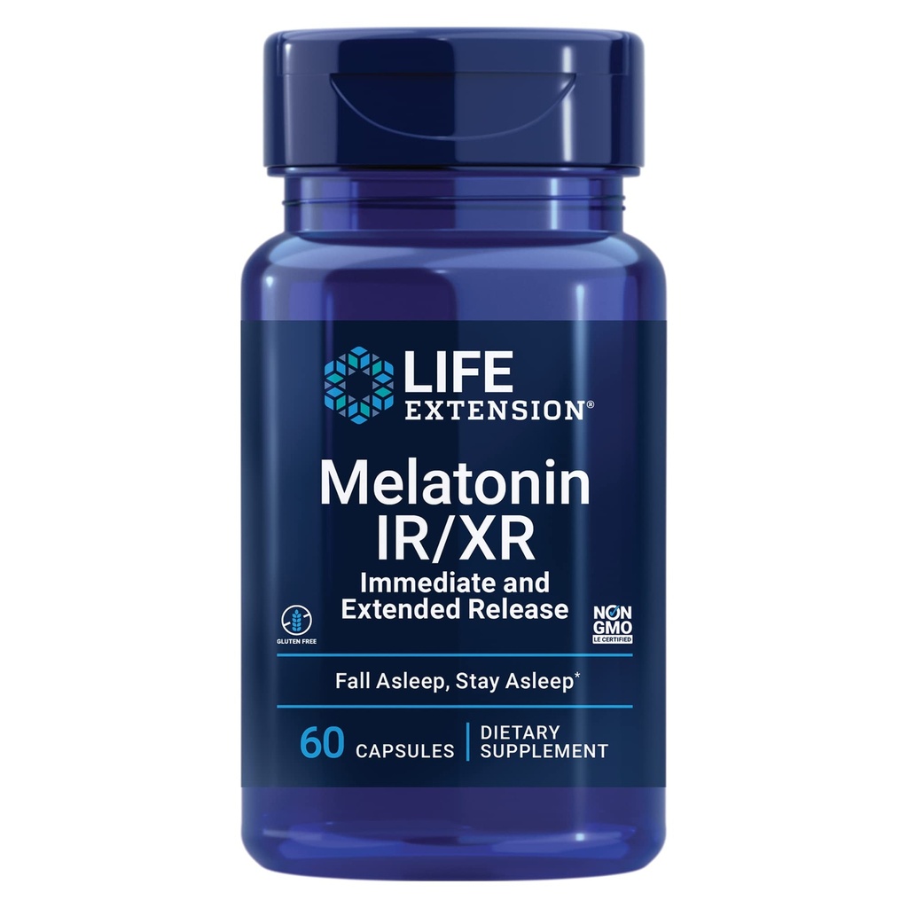 Life Extension Melatonin IR/XR, 1,5 mg, s takojšnjim in razširjenim sproščanjem Formula za optimalno podporo za spanje, zdrave cirkadialne ritme, celično obrambo, brez glutena, ne-GMO, 60 kapsul