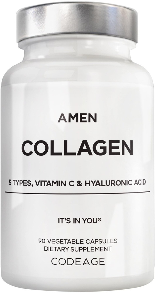 Amen Večkolagenske peptide Kapsule s hialuronsko kislino in vitaminom C - 5 Vrste kolagenskih beljakovin Tip I, II, III, V, X - Hidrolizirana krma za travo - 18 Aminokisline - Kolagen Dodatek - 90 Tablete