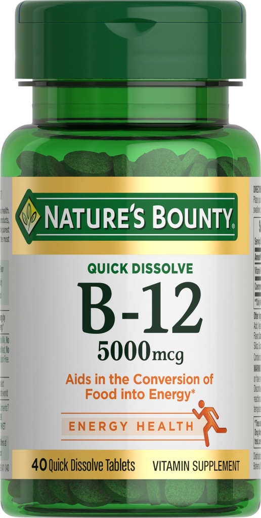 Narava Bounty Vitamin B12, Podpira energijo Presnova in zdravje živčnega sistema, 5000mcg, 40 Hitro raztopi tablete