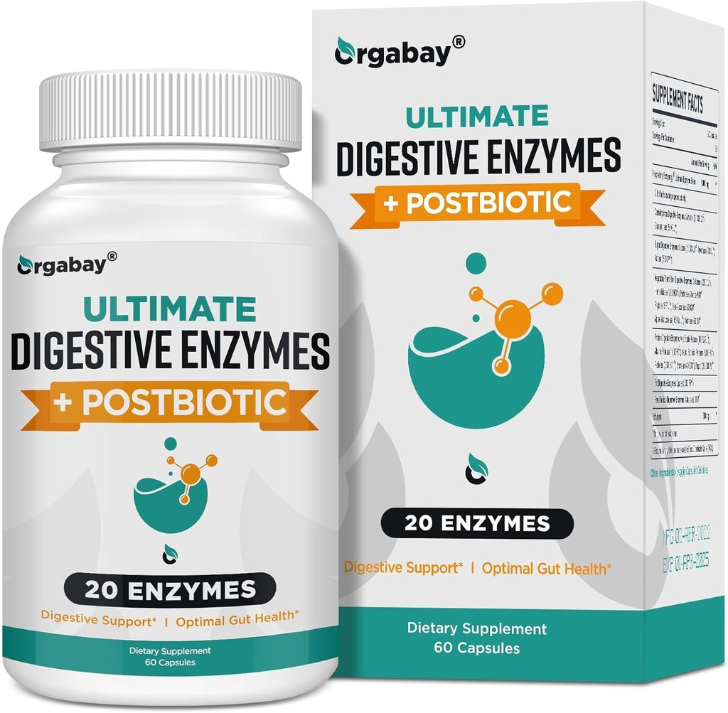 Orgabay Prebavni encimi 1000mg s postbiotiki, 20 Encim mešanica za napenjanje, Optimalna prebava in Gut funkcijo, 60 Veggie kapsule