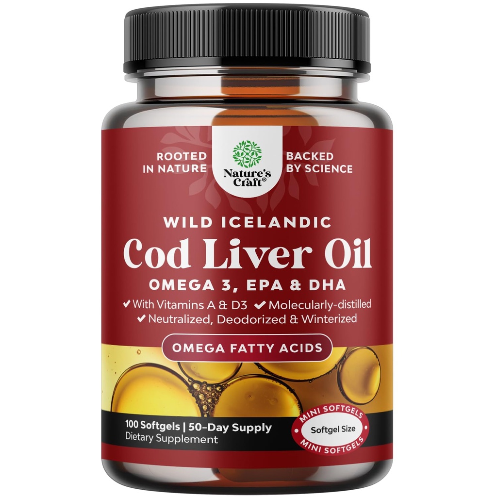 Islandski Wild Catch Cod Jetra Oil Softgels - Fish Omega 3, EPA, DHA, Vitamin D & A, 1000mg na Serving - Burpless kapsule za srce, Joint, Brain & Imunska podpora - 100 Count