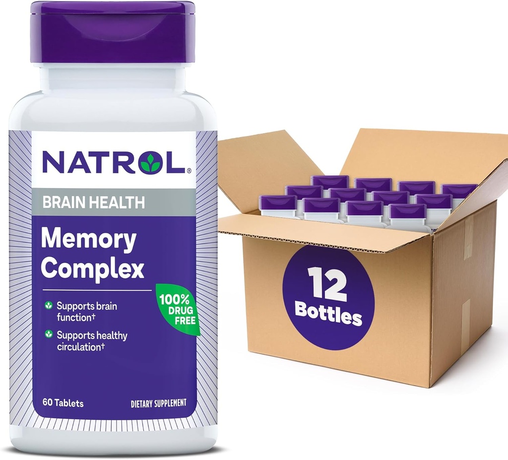 Natrol Memory Complex z Ginkgo Biloba 120mg in B Vitamini, Prehranska dopolnila za zdravje možganov in spominsko podporo, 60 tablet, 30 Day Supply (Pack of 12)
