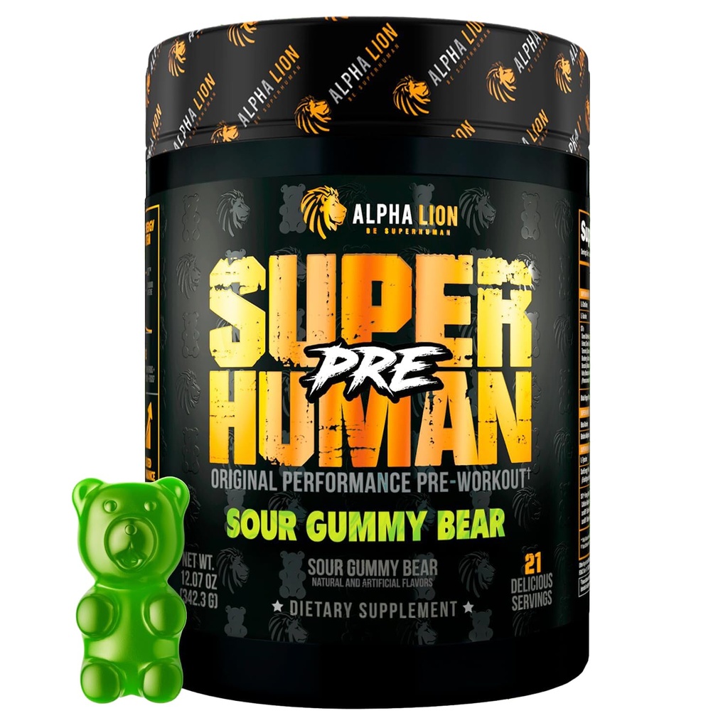 ALPHA LION Superhuman Pred-workout Powder, Beta Alanin, L-tavrin in tri-source Kofein za trajno energijo in fokus, dušikov oksid in citrulin za črpalko (21 Servinga, Sour Gummy Bear Flavor)