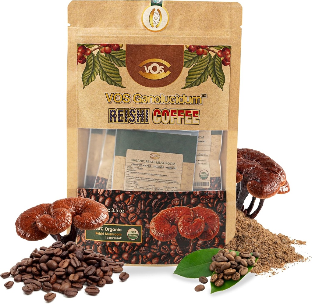 VOS GANOLUCIDUM - 100% Organic Reishi kava, 2 v 1 Reishi goba s kavo, 5 vrečke, Velika degustacija, goba dodatek, Podpora za energijo in imuniteto dodatek (0,7 oz vsak)