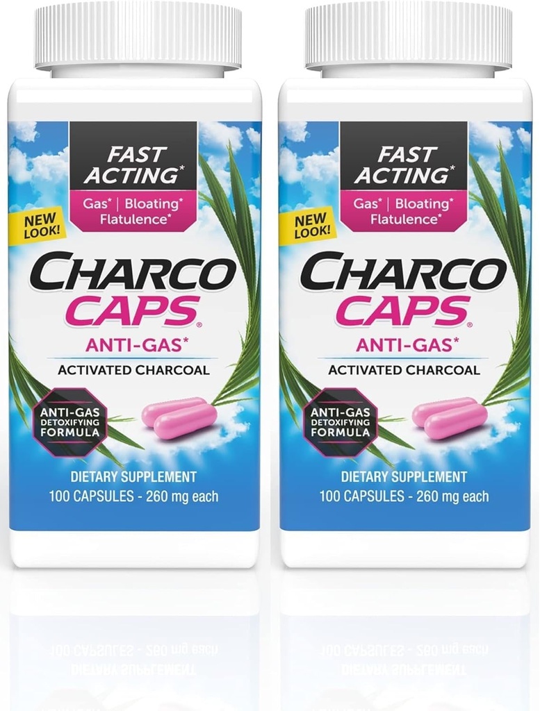 Charcocaps hitro delujoči plin Relief za napihnjenost in flatulenco, razstrupljanje brez zdravila aktiviran Charcoal Formula, 100 kapsul, 30 dnevna zaloga, roza- pakiranje po 2