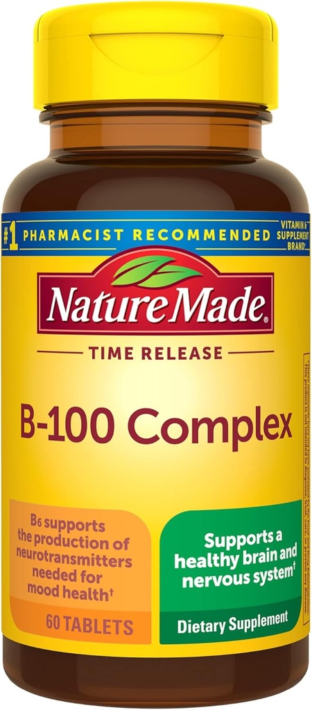 Narava Made time release Vitamin B-100 Visoka moč B Complex, Prehranska dopolnila za živčevje Funkcija Podpora, 60 Čas release tablete, 60 dan dobava