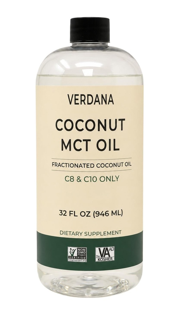 Verdana Food Rate MCT Oil 32 oz – za Keto Coffee, Nearomatizirano naravno olje puljenje Mouthwash & Masaža - 100% Kokos Derivated Fractionated Oil – Srednje verige Trigliceridi C8 C10 –Non-GMO, Košir
