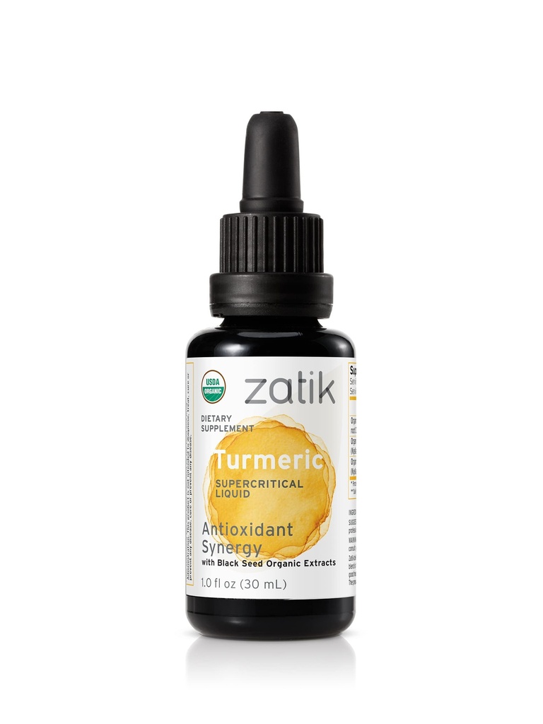 Zatik Naturals - Turmeric Superkritična tekočina Synergy s črno seme organski CO2 ekstrakt, antioksidant, hladno stiskano, Nerafinirano olje, Vegan, Non-GMO, Organic, 1,0 fl oz.