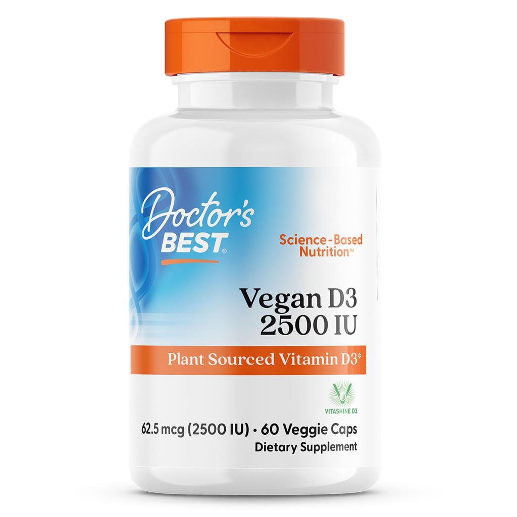 Zdravniki Najboljši Vegan D3 2500 i.e. (Vitashine), Rastlinski vir vitamin D3, Ne-GMO, Gluten Free, Soy Free, Vegan 60 Veggie Caps