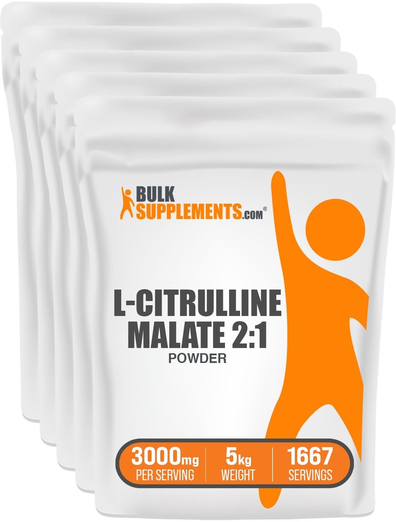 BulkSupplements.com L-Citrulin Malate 2:1 Prašek - Dušikov oksid Boost, Citrulin Malate dodatek - Unflavored & Gluten Free - 3g na Servings, 1kg (Pack 5) (11 lbs)