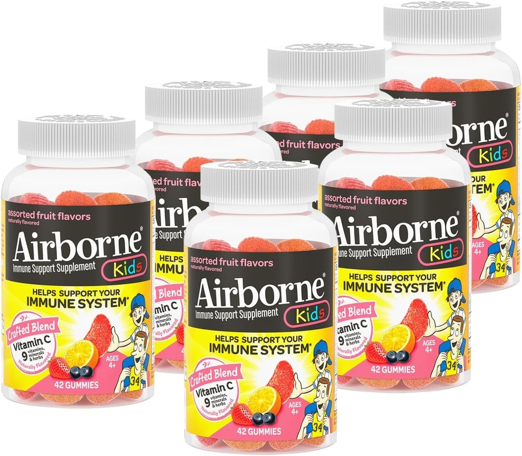 Zračni 500mg Vitamin C + Cinkov imunski dodatek Gumies za otroke, Razlikovan sadne arome, Gluten brez obrti mešanica z zmogljivimi antioksidanti Vitamini C & E, 42 Gumies (6 pakiranje)