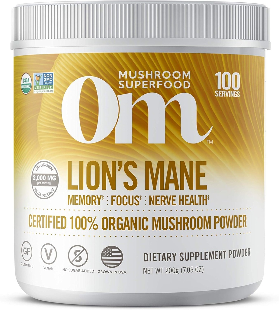 Om Organic Gobe Nutrition Lion's Mane: Spomin, Fokus, Živčno zdravje, 100 obrokov, 7.14 Ounce, 200 Gram