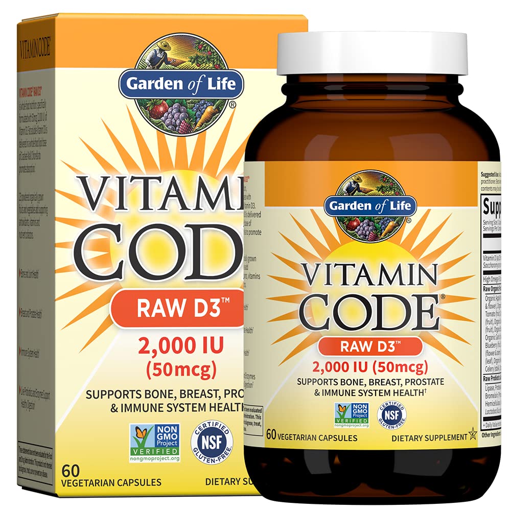 Vrt življenja Vitamin D, vitaminska koda Surova D3, Vitamin D 2.000 i.e., Surovo celotno živilo D3 Dodatki s klorolom, sadjem, zelenjavo in probiotiki za zdravje kosti in imunskega sistema, 60 vegetarijanskih kapsul
